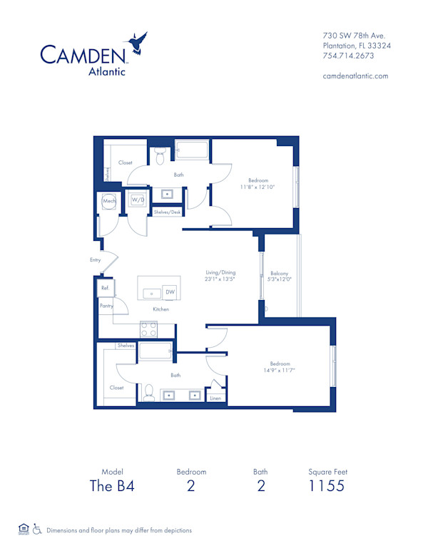 The B4 floor plan, 2 bed, 2 bath apartment home at Camden Atlantic in Plantation, FL