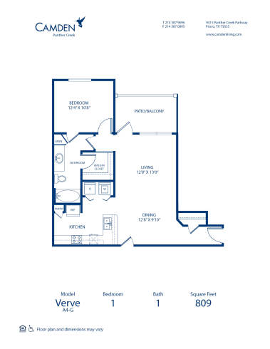 Blueprint of Verve Floor Plan, 1 Bedroom and 1 Bathroom at Camden Panther Creek Apartments in Frisco, TX