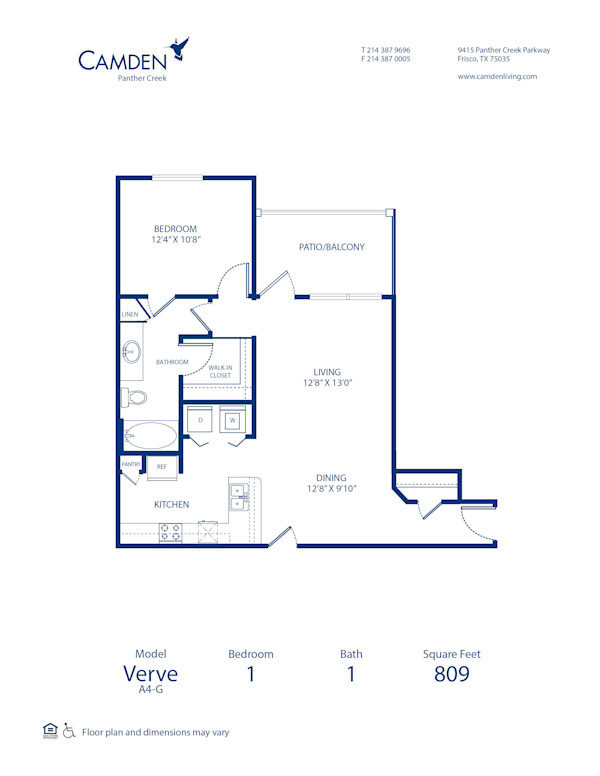 Blueprint of Verve Floor Plan, 1 Bedroom and 1 Bathroom at Camden Panther Creek Apartments in Frisco, TX