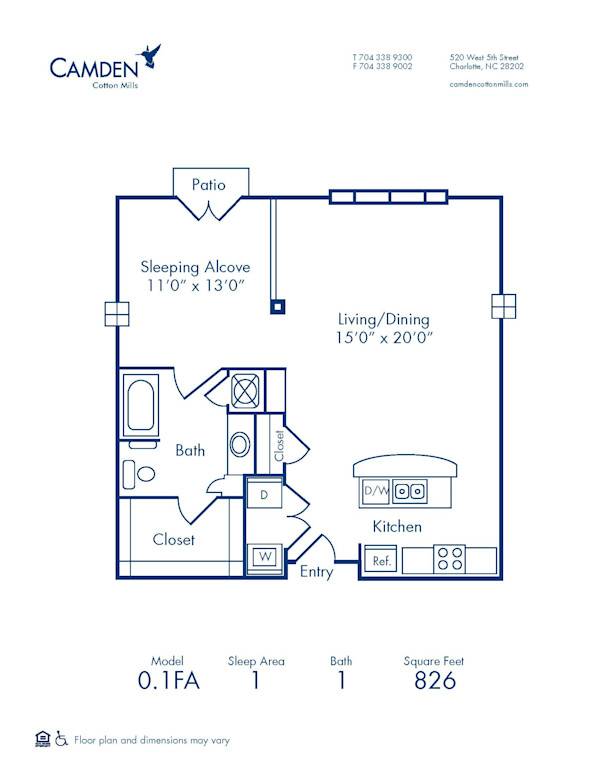 Blueprint of 0.1FA Floor Plan, Studio with 1 Bathroom at Camden Cotton Mills Apartments in Charlotte, NC