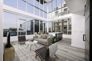 Living space in penthouse apartment home at The Camden in Hollywood, CA