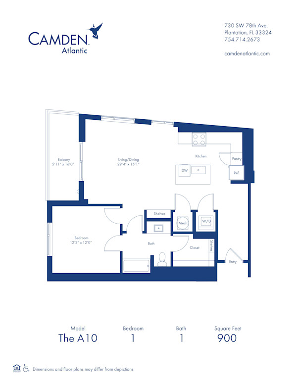 The A10 floor plan, 1 bed, 1 bath apartment home at Camden Atlantic in Plantation, FL