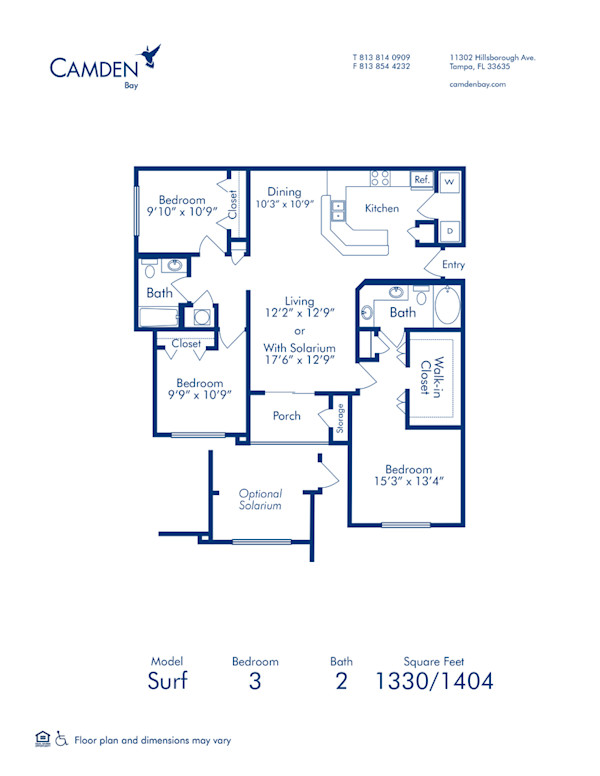 Blueprint of Surf (Balcony) Floor Plan, 3 Bedrooms and 2 Bathrooms at Camden Bay Apartments in Tampa, FL