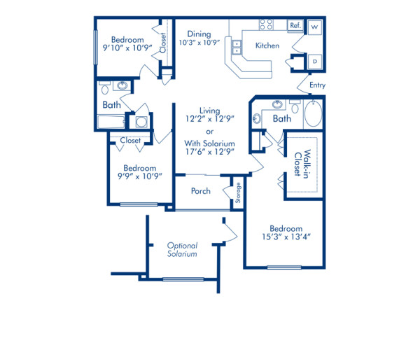 Blueprint of Surf (Balcony) Floor Plan, 3 Bedrooms and 2 Bathrooms at Camden Bay Apartments in Tampa, FL