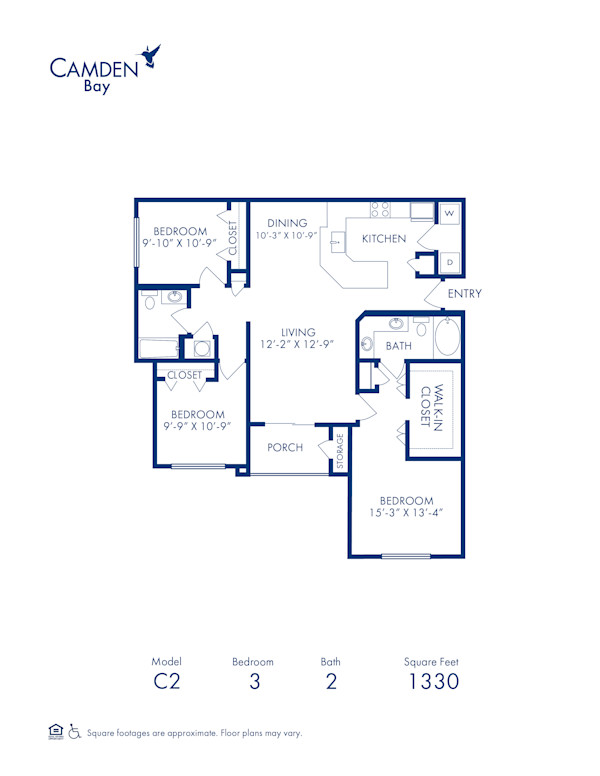 Blueprint of Surf (Balcony) Floor Plan, 3 Bedrooms and 2 Bathrooms at Camden Bay Apartments in Tampa, FL
