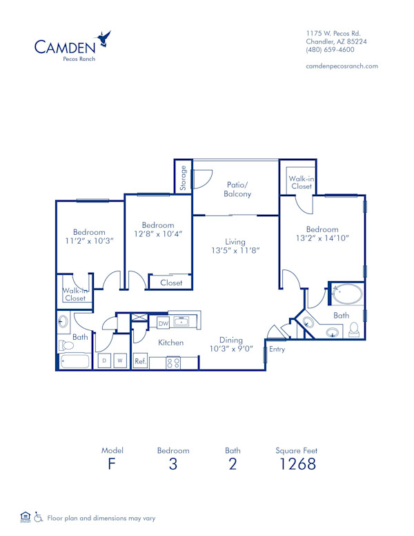 Blueprint of F Floor Plan, 3 Bedrooms and 2 Bathrooms at Camden Pecos Ranch Apartments in Chandler, AZ