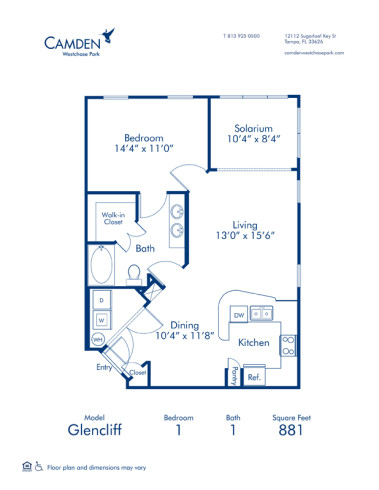 Blueprint of Glencliff Floor Plan, 1 Bedroom and 1 Bathroom at Camden Westchase Park Apartments in Tampa, FL