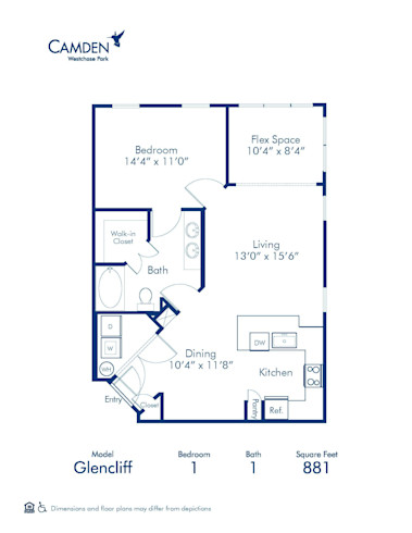 Blueprint of Glencliff Floor Plan, 1 Bedroom and 1 Bathroom at Camden Westchase Park Apartments in Tampa, FL