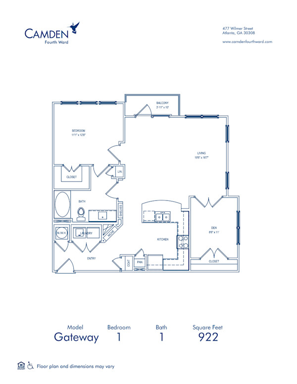 Blueprint of Gateway Floor Plan, 1 Bedroom and 1 Bathroom at Camden Fourth Ward Apartments in Atlanta, GA