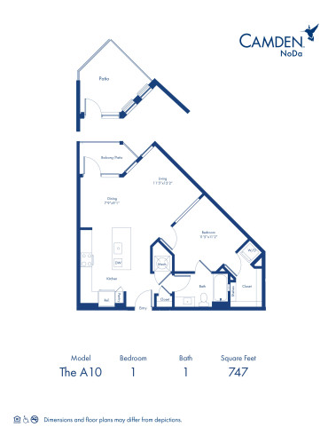 The A10 floor plan, 1 bed, 1 bath at Camden NoDa Apartments in Charlotte, NC