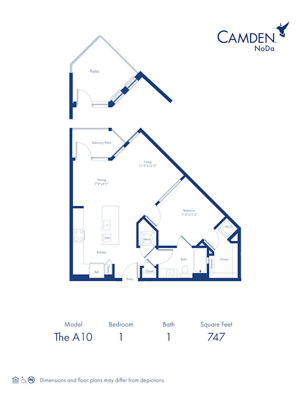 The A10 floor plan, 1 bed, 1 bath at Camden NoDa Apartments in Charlotte, NC