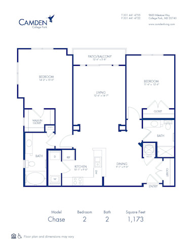 Blueprint of Chase Floor Plan, 2 Bedrooms and 2 Bathrooms at Camden College Park Apartments in College Park, MD