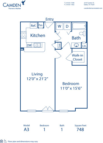 Blueprint of A3 Floor Plan, 1 Bedroom and 1 Bathroom at Camden Farmers Market Apartments in Dallas, TX