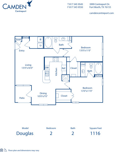 Blueprint of Douglas Floor Plan, Apartment Home with 2 Bedrooms and 2 Bathrooms at Camden Centreport in Ft. Worth, TX