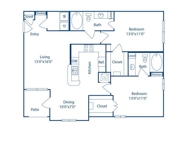 Blueprint of Douglas Floor Plan, Apartment Home with 2 Bedrooms and 2 Bathrooms at Camden Centreport in Ft. Worth, TX