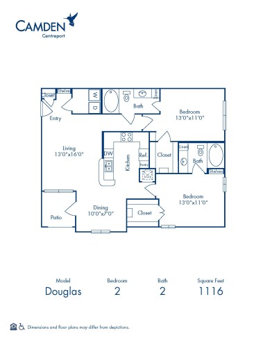 Blueprint of Douglas Floor Plan, Apartment Home with 2 Bedrooms and 2 Bathrooms at Camden Centreport in Ft. Worth, TX