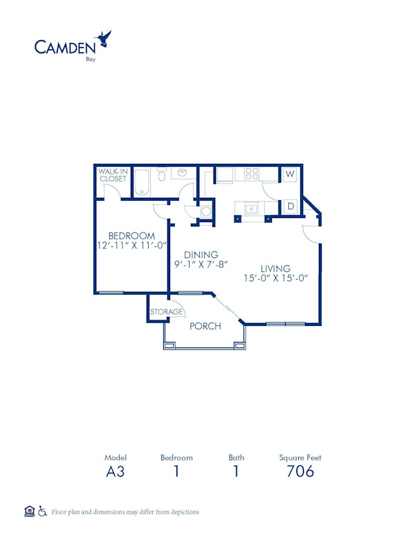Blueprint of Boardwalk (Patio) Floor Plan, 1 Bedroom and 1 Bathroom at Camden Bay Apartments in Tampa, FL
