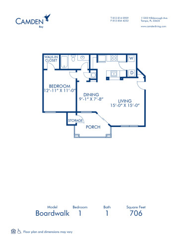Blueprint of Boardwalk (Patio) Floor Plan, 1 Bedroom and 1 Bathroom at Camden Bay Apartments in Tampa, FL