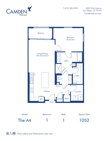 Camden Hillcrest apartments in San Diego, California one bedroom, one bath floor plan The A4