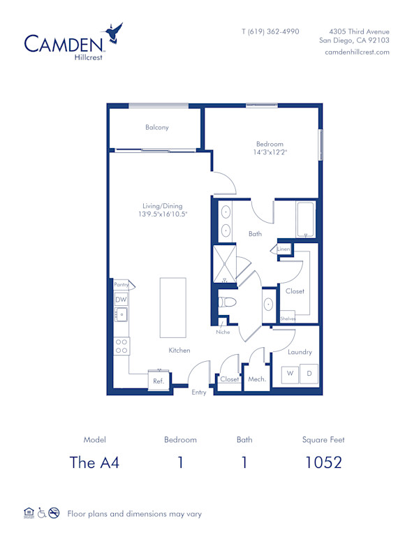 Camden Hillcrest apartments in San Diego, California one bedroom, one bath floor plan The A4