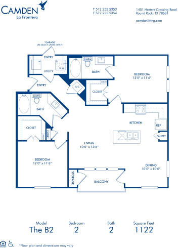 Blueprint of B2 Floor Plan, 2 Bedrooms and 2 Bathrooms at Camden La Frontera Apartments in Round Rock, TX