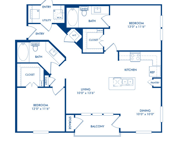 Blueprint of B2 Floor Plan, 2 Bedrooms and 2 Bathrooms at Camden La Frontera Apartments in Round Rock, TX