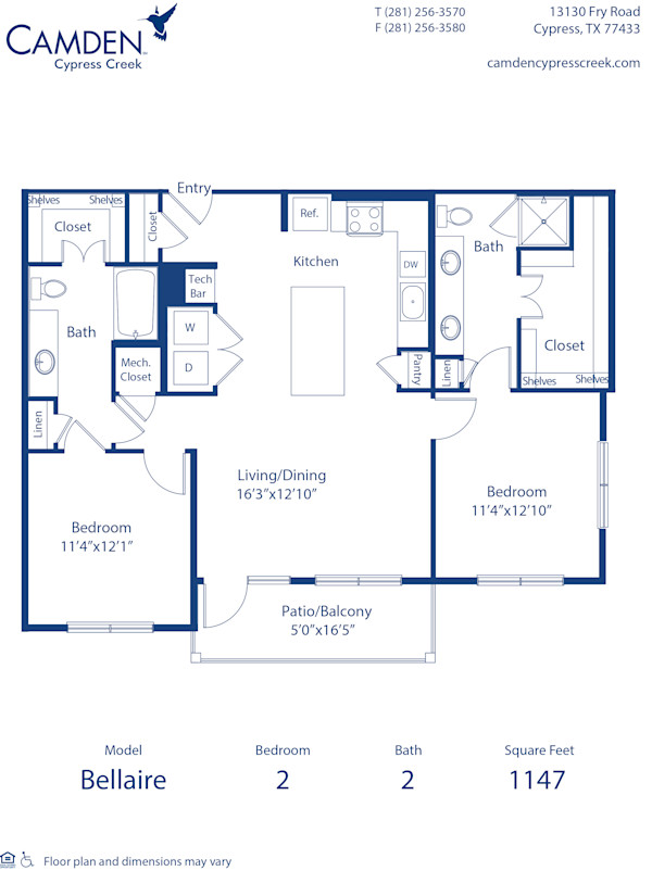 Blueprint of the Bellaire floor plan at Camden Cypress Creek II apartments in Houston, TX