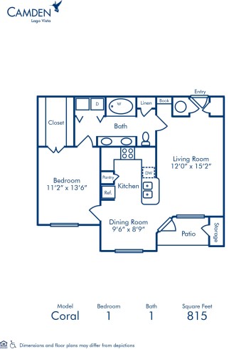 Blueprint of Coral Floor Plan, 1 Bedroom and 1 Bathroom at Camden Lago Vista Apartments in Orlando, FL