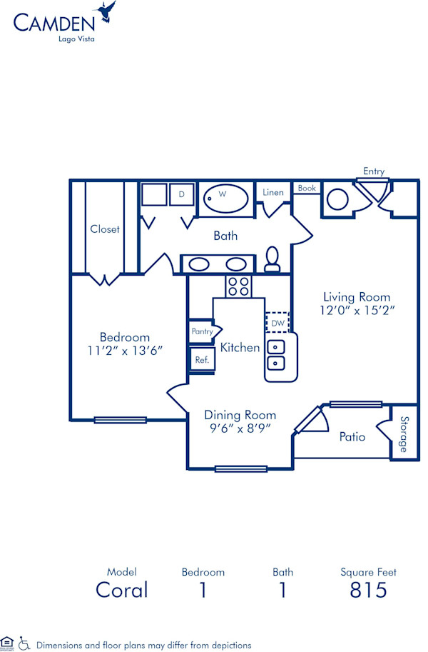 Blueprint of Coral Floor Plan, 1 Bedroom and 1 Bathroom at Camden Lago Vista Apartments in Orlando, FL