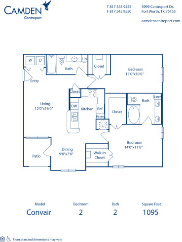 Blueprint of Convair Floor Plan, 2 Bedrooms and 2 Bathrooms at Camden Centreport Apartments in Ft. Worth, TX