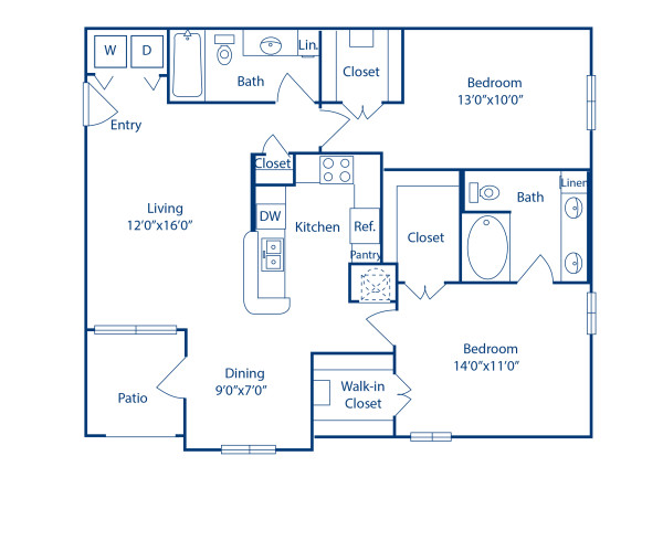 Blueprint of Convair Floor Plan, 2 Bedrooms and 2 Bathrooms at Camden Centreport Apartments in Ft. Worth, TX