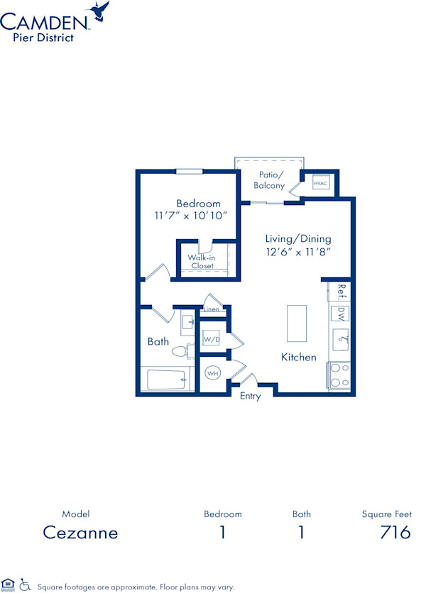 Blueprint of Cezanne floor plan, one bedroom one bathroom apartment at Camden Pier District Apartments in St. Petersburg, FL