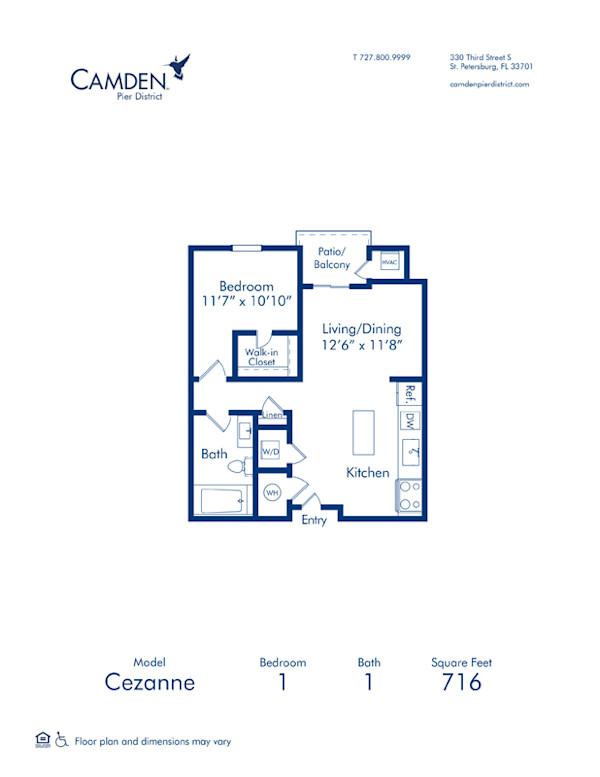 Blueprint of Cezanne floor plan, one bedroom one bathroom apartment at Camden Pier District Apartments in St. Petersburg, FL