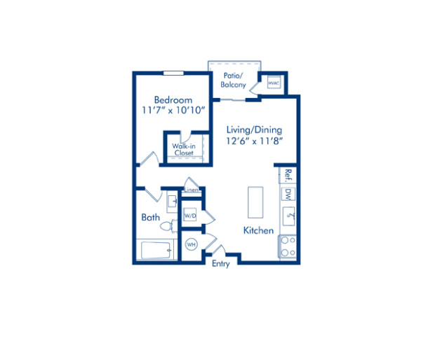 Blueprint of Cezanne floor plan, one bedroom one bathroom apartment at Camden Pier District Apartments in St. Petersburg, FL