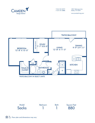 Blueprint of Sacks Floor Plan, 1 Bedroom and 1 Bathroom at Camden Design District Apartments in Dallas, TX
