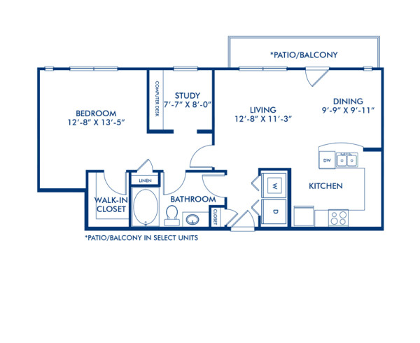 Blueprint of Sacks Floor Plan, 1 Bedroom and 1 Bathroom at Camden Design District Apartments in Dallas, TX