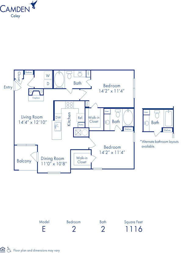 Blueprint of E1 Floor Plan, 2 Bedrooms and 2 Bathrooms at Camden Caley Apartments in Englewood, CO