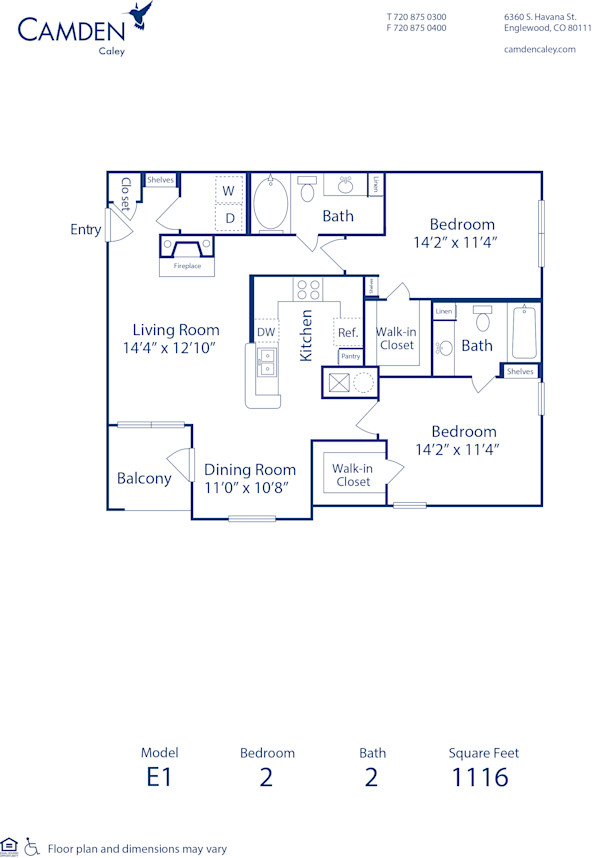 Blueprint of E1 Floor Plan, 2 Bedrooms and 2 Bathrooms at Camden Caley Apartments in Englewood, CO