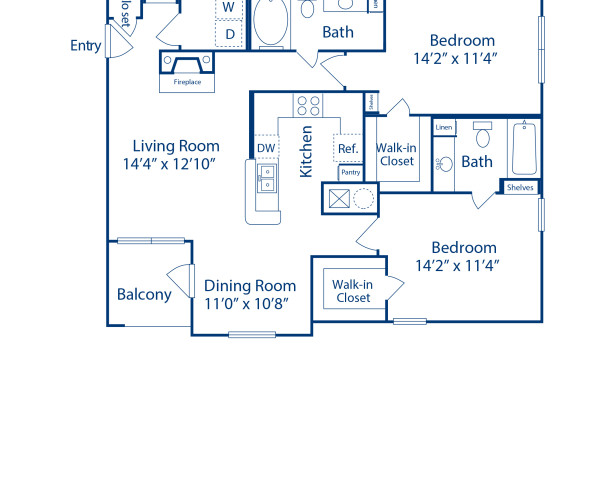 Blueprint of E1 Floor Plan, 2 Bedrooms and 2 Bathrooms at Camden Caley Apartments in Englewood, CO