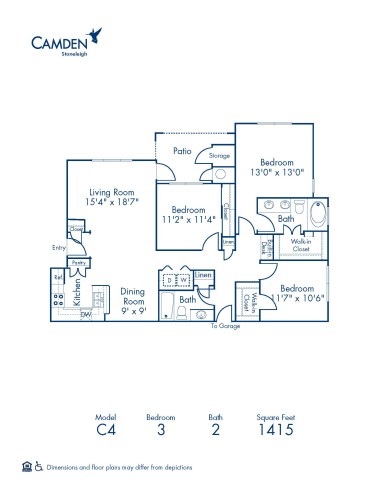 Blueprint of C4 Floor Plan, 3 Bedrooms and 2 Bathrooms at Camden Stoneleigh Apartments in Austin, TX