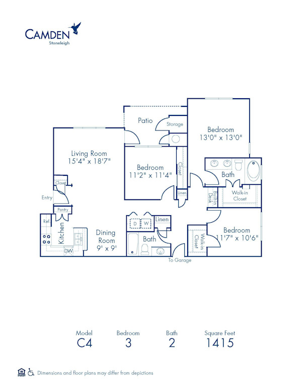 Blueprint of C4 Floor Plan, 3 Bedrooms and 2 Bathrooms at Camden Stoneleigh Apartments in Austin, TX