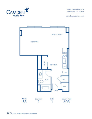 Camden Music Row Apartments, Nashville, TN, S3 studio 1 bathroom floor plan