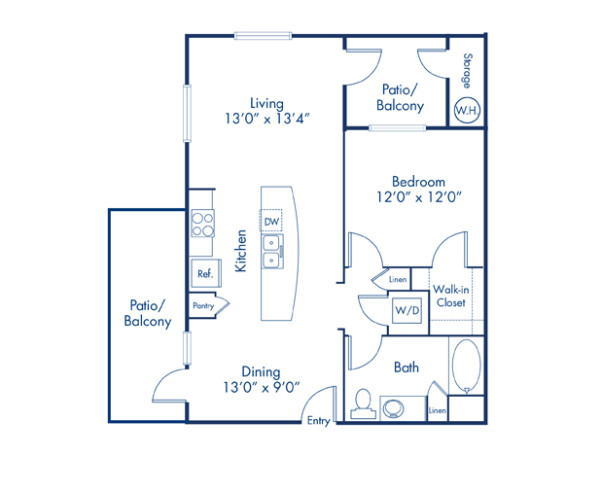 Blueprint of A1 Floor Plan, 1 Bedroom and 1 Bathroom at Camden Chandler Apartments in Chandler, AZ