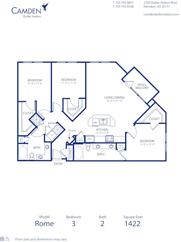 Blueprint of Rome Floor Plan, 3 Bedrooms and 2 Bathrooms at Camden Dulles Station Apartments in Herndon, VA