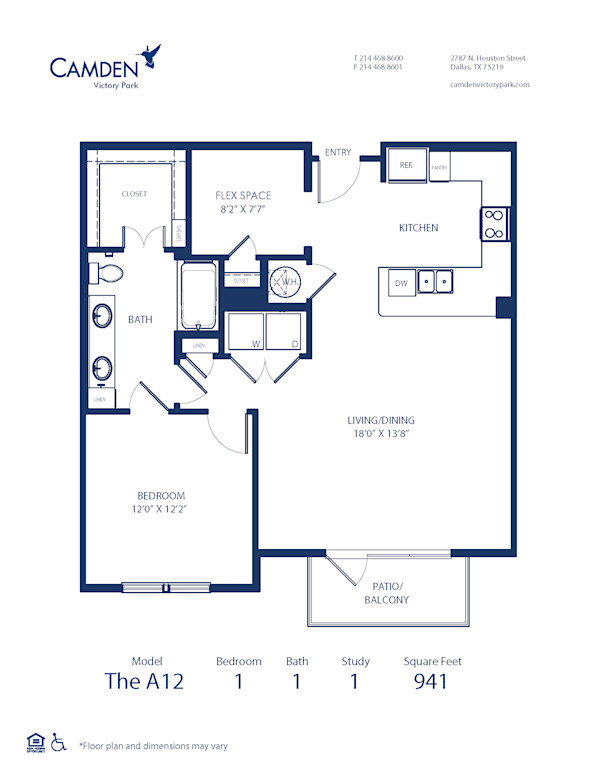 Blueprint of A12 Floor Plan, 1 Bedroom and 1 Bathroom at Camden Victory Park Apartments in Dallas, TX