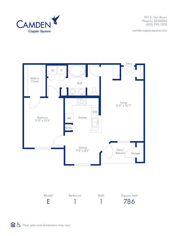 Blueprint of E Floor Plan, 1 Bedroom and 1 Bathroom at Camden Copper Square Apartments in Phoenix, AZ