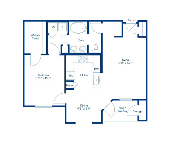 Blueprint of E Floor Plan, 1 Bedroom and 1 Bathroom at Camden Copper Square Apartments in Phoenix, AZ
