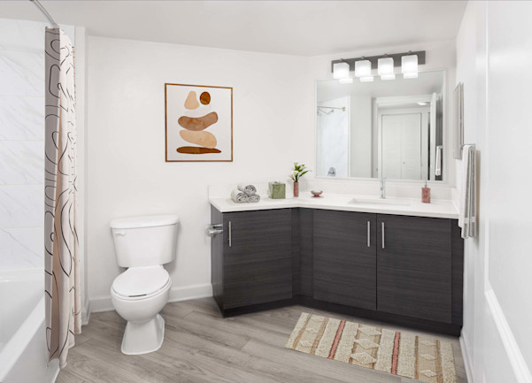 Studio floorplan with plenty of countertop space in the bathroom at Camden Las Olas in Ft Lauderdale, FL.