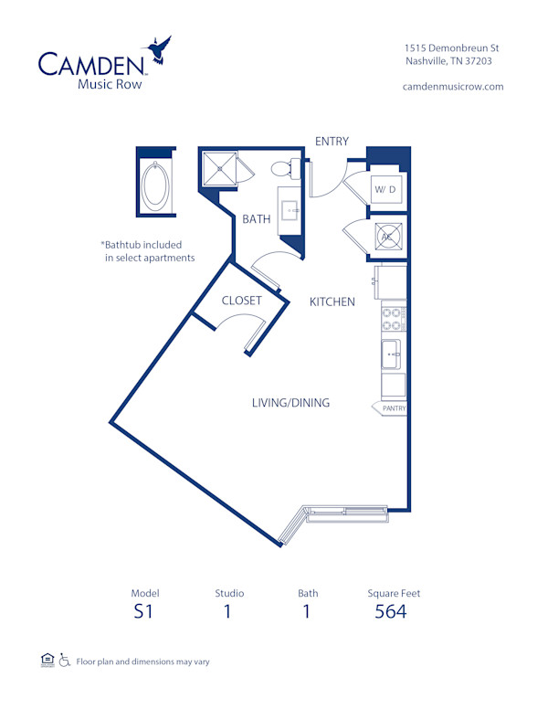 Camden Music Row Apartments, Nashville, TN, S1 studio 1 bathroom floor plan