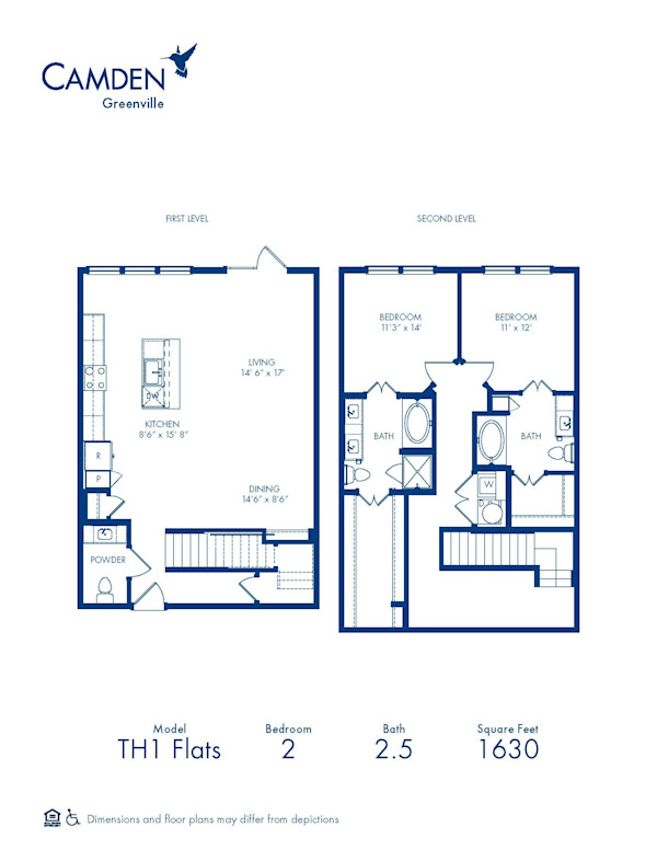 Camden Greenville apartments in Dallas, TX two bedroom, two and a half bathroom floor plan TH1 Flats